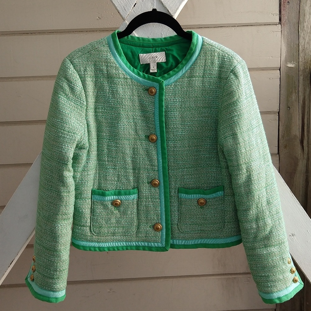 JCrew green blue quilted cotton blazer gold 6